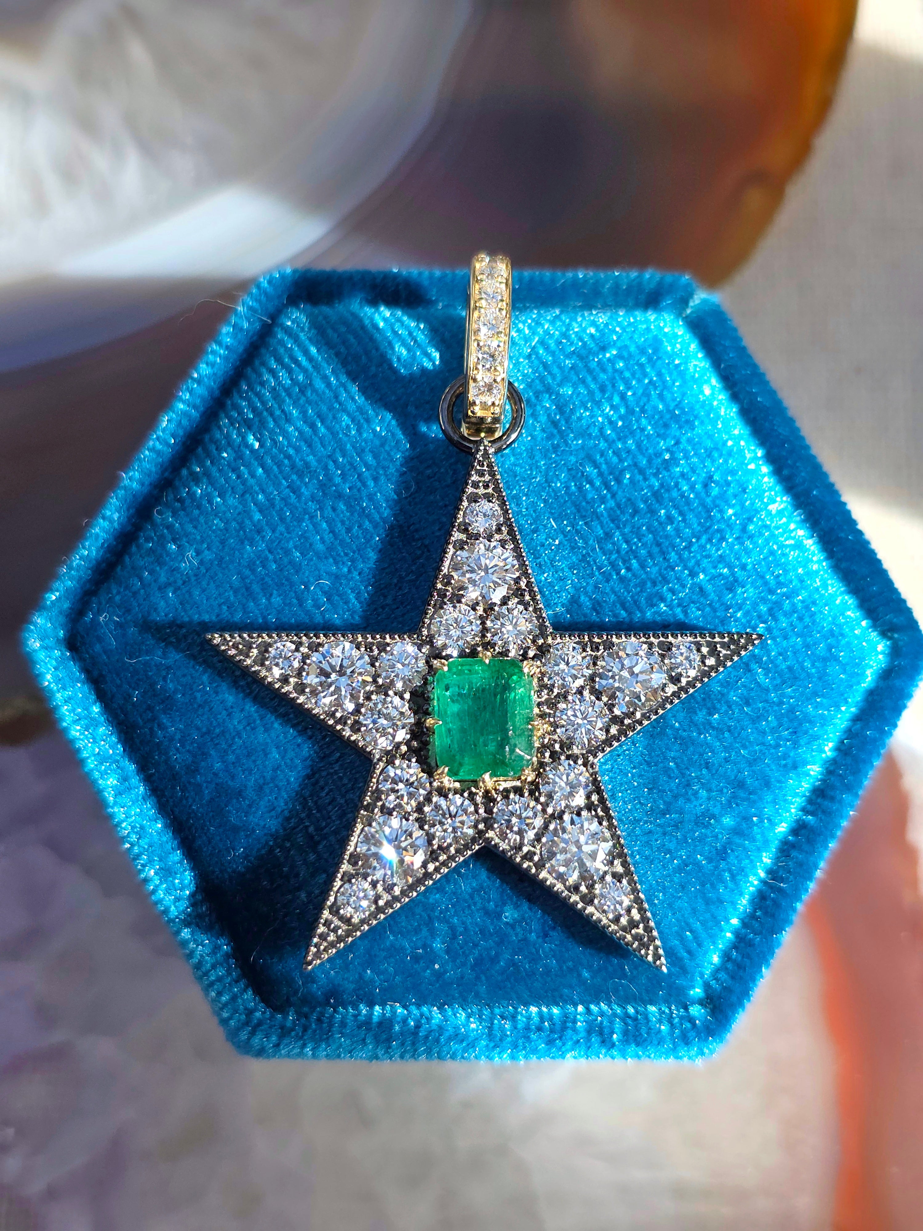 14k Yellow Gold & Platinum XL Star Pendant with Zambian Emerald | Indulgems