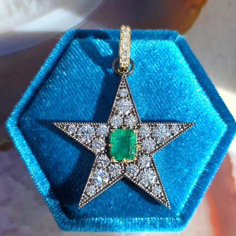 14k Yellow Gold & Platinum XL Star Pendant with Zambian Emerald | Indulgems