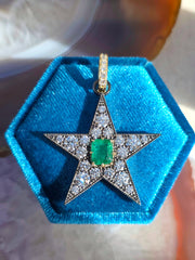 14k Yellow Gold & Platinum XL Star Pendant with Zambian Emerald | Indulgems