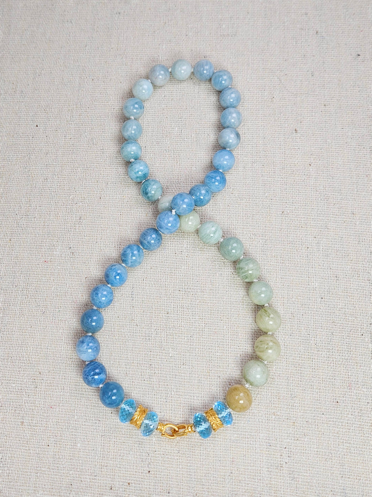 Multicolor Milky Aquamarine, Blue Topaz Gemstone 18K Yellow Gold Feather Beaded Open Loop Necklace 18"