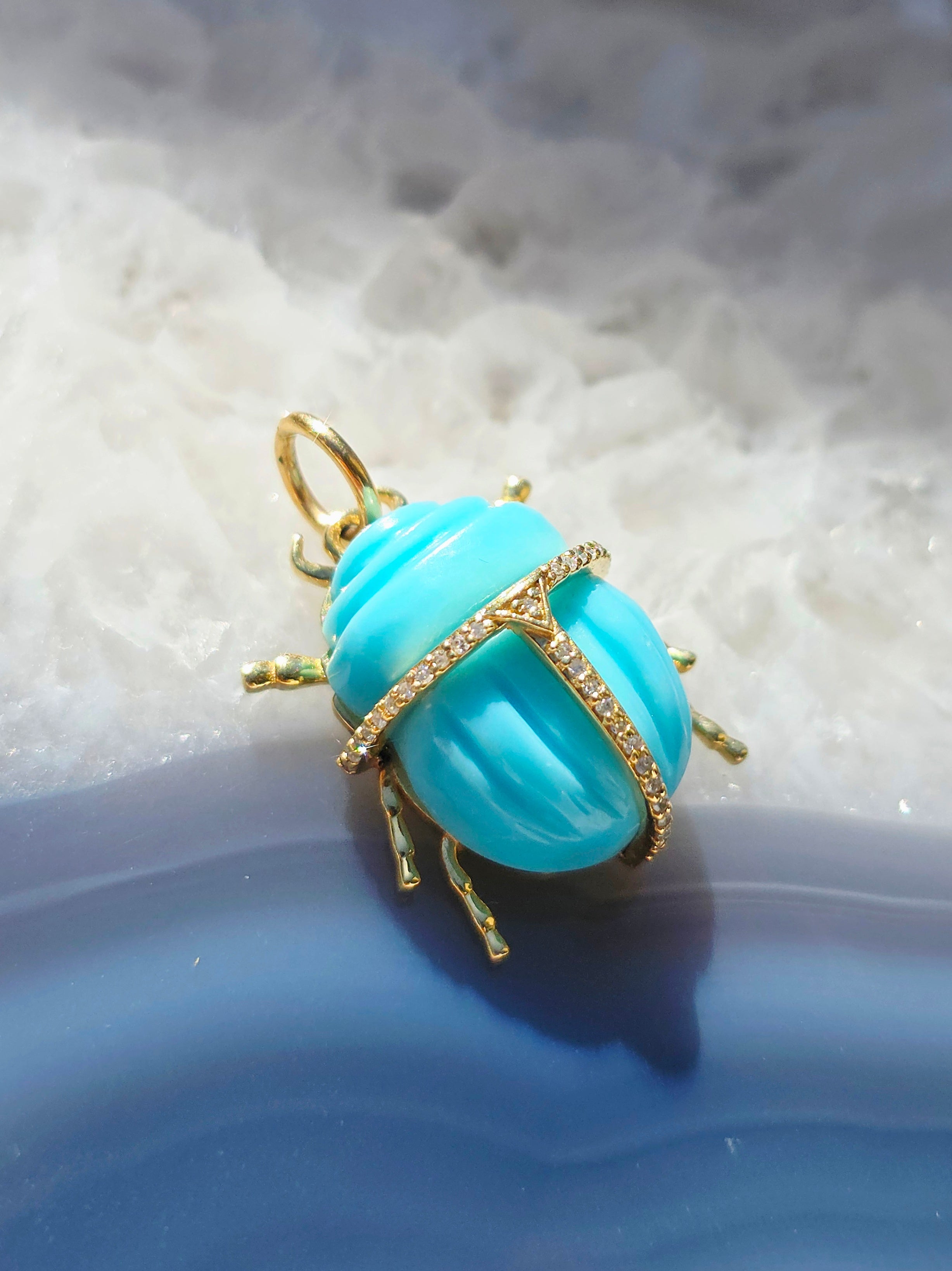 14k Yellow Gold Gemstone Carving Scarab Beetle Charm Pendant with Diamond Accent | Indulgems