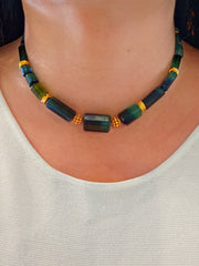 2IN1 - 18K Solid Two-Tone Gold Antique Watch Chain & Natural Green Tourmaline Faceted Barrel Gemstone Necklace