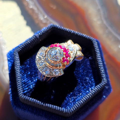 14k Yellow Gold Old Cut Diamond Ruby Tank Ring | Indulgems | Vintage