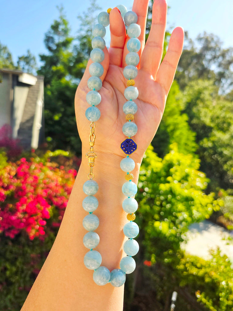 18k Solid Gold XL Chunky Milky Aquamarine & Handcarved Lapis Gemstone Bead Necklace 20" | Indulgems | Designs in Real Gold