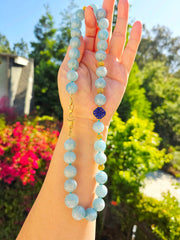 18k Solid Gold XL Chunky Milky Aquamarine & Handcarved Lapis Gemstone Bead Necklace 20" | Indulgems | Designs in Real Gold