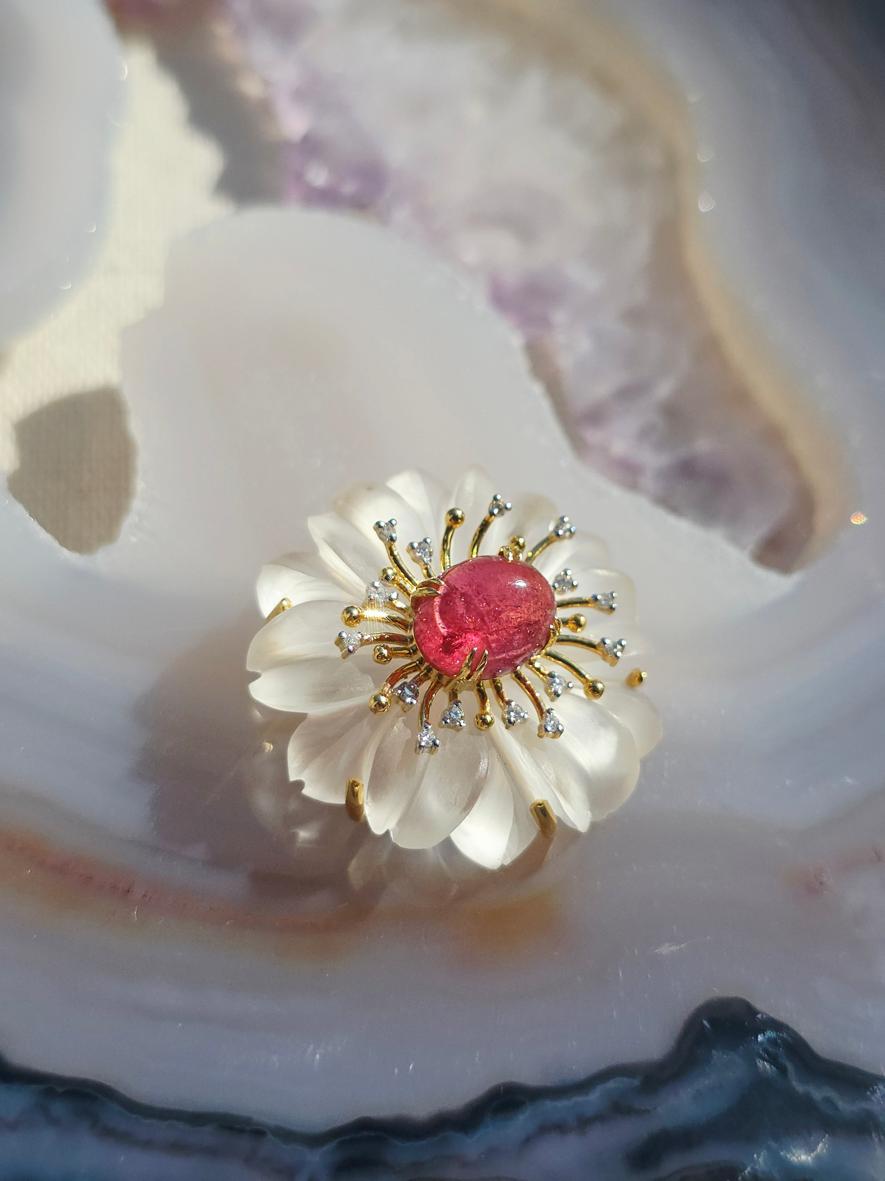 14k Yellow Gold Handcarved White Quartz Flower with Pink Tourmaline & Diamond | Indulgems | Designs in Real Gold