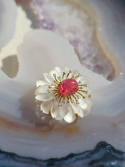 14k Yellow Gold Handcarved White Quartz Flower with Pink Tourmaline & Diamond | Indulgems | Designs in Real Gold