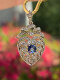14k Yellow Gold & Silver Rose-cut Diamond Blue Sapphire Heart Brooch Pendant | Indulgems | Antique