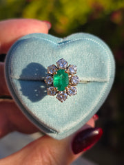 18k gold 2.5ct Colombian Emerald Diamond Daisy Diana Ring Vintage | Indulgems