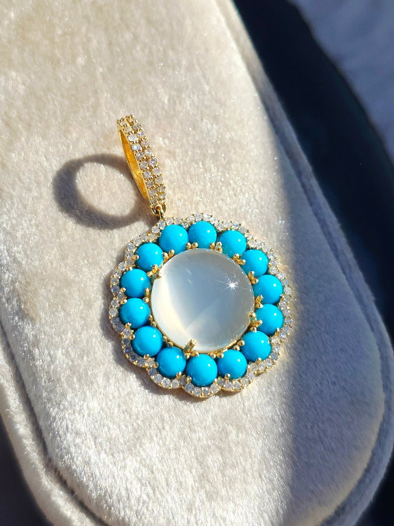 White Moonstone, Sleeping Beauty Turquoise Natural Gemstone Diamond 18K Yellow Gold Pendant