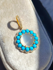 White Moonstone, Sleeping Beauty Turquoise Natural Gemstone Diamond 18K Yellow Gold Pendant