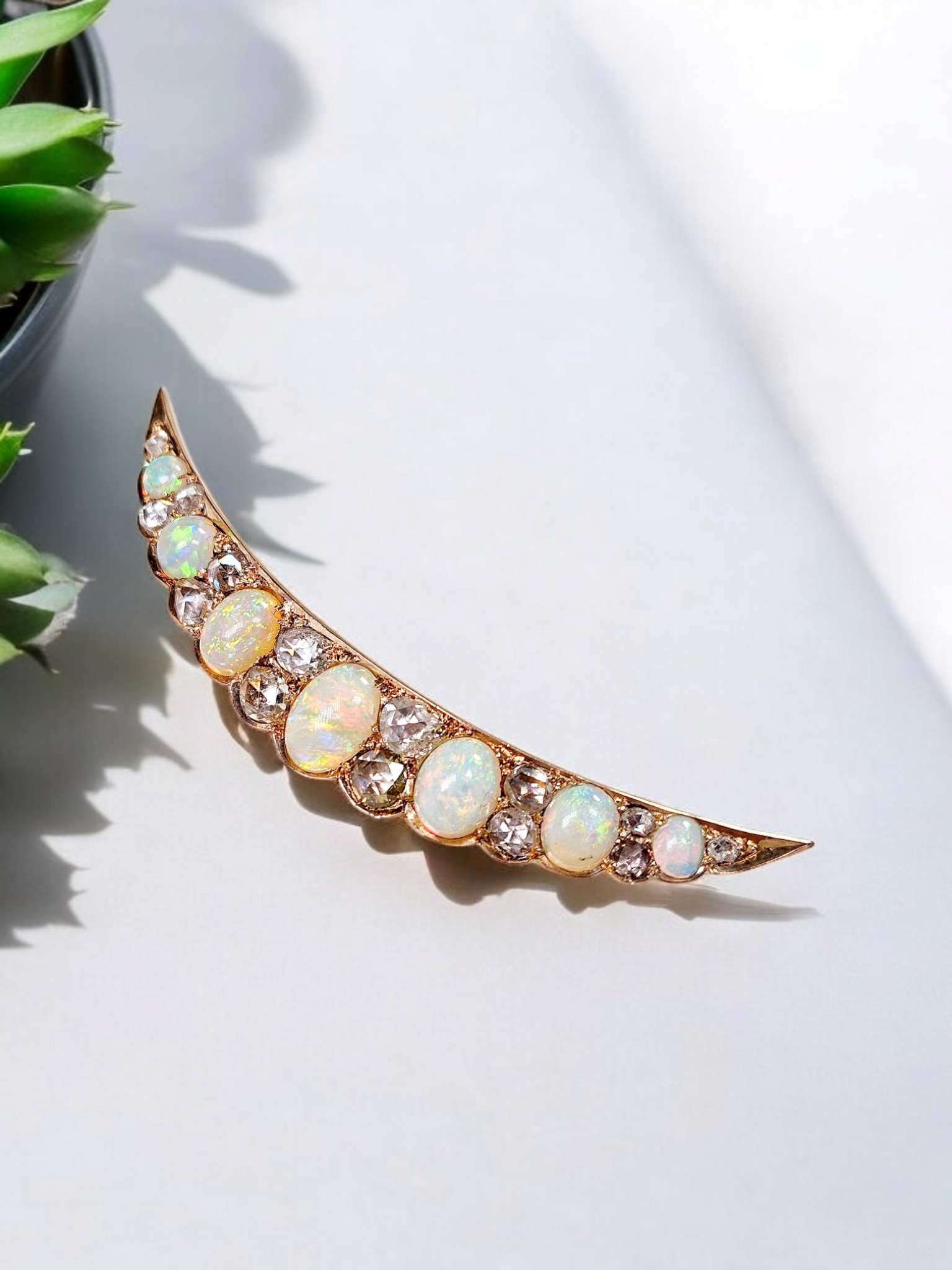 14k Yellow Gold Antique Opal & Rose-cut Diamond Brooch | Indulgems | Antique Jewelry