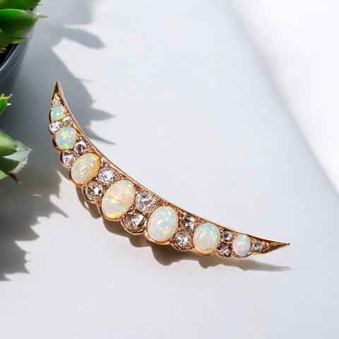 14k Yellow Gold Antique Opal & Rose-cut Diamond Brooch | Indulgems | Antique Jewelry