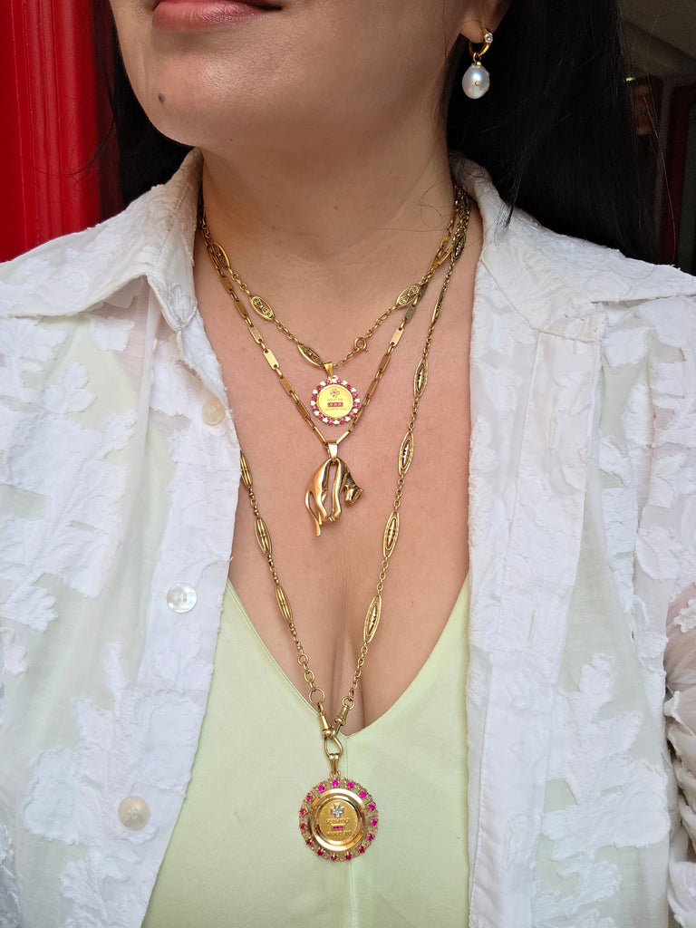 18k Solid Gold Signed Authentic Augis Love Medal Pendant Grande Model with Ruby | Indulgems
