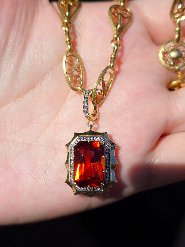 14k Yellow Gold 11ct Hessonite Garnet Pendant | Indulgems | Aurora Halo