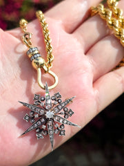 18k Yellow Gold & Silver Rose-cut Diamond Star Brooch Pendant | Indulgems | Antique