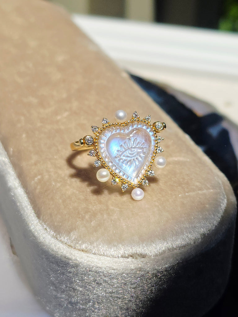 18k Solid Gold Handcarved Rainbow Moonstone All-seeing Eye Motif Heart Ring Pendant | Indulgems | Designs in Real Gold