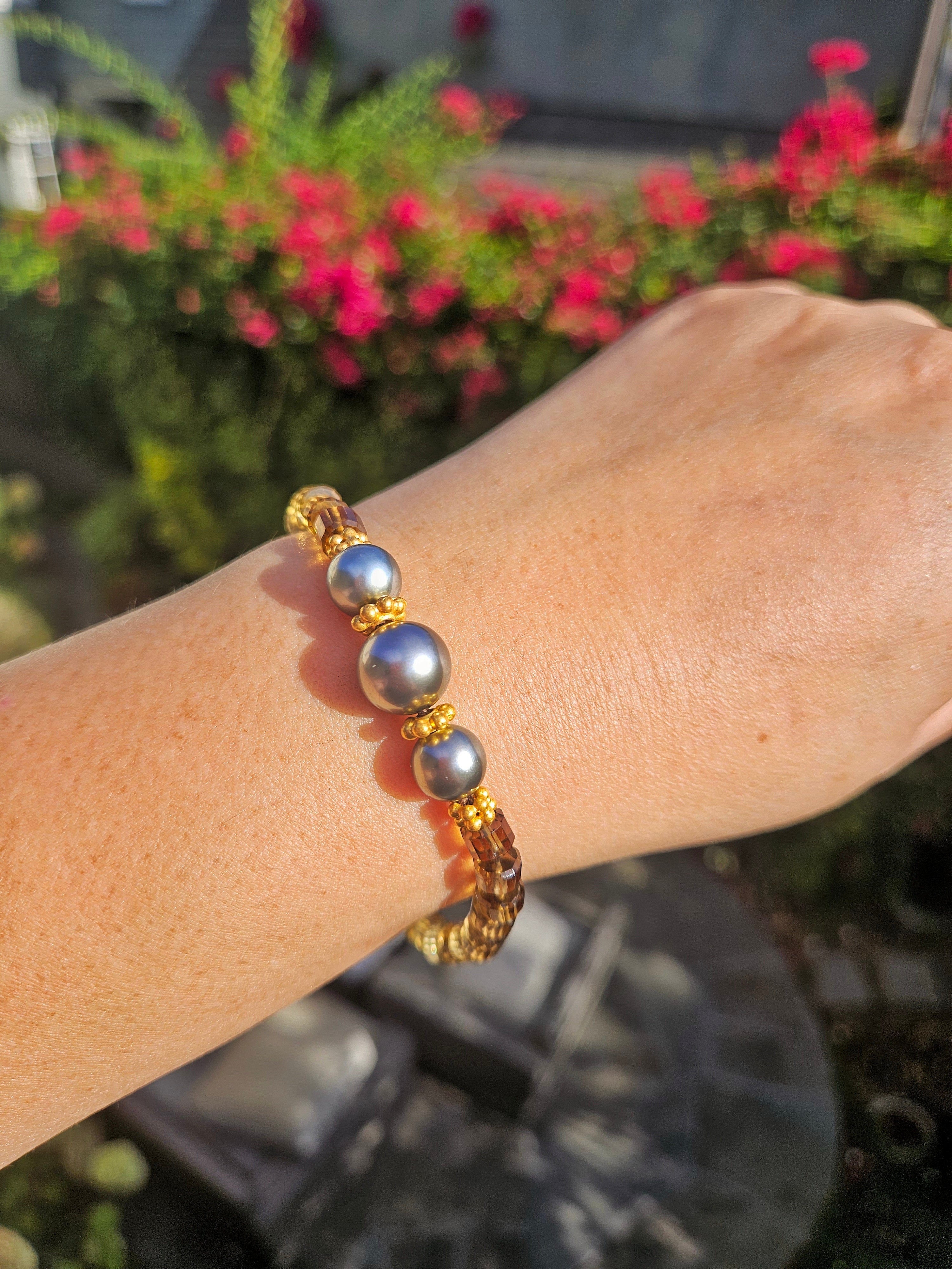 Cognac Quartz Gemstone and Tahitian Pearl 18K Gold Bracelet