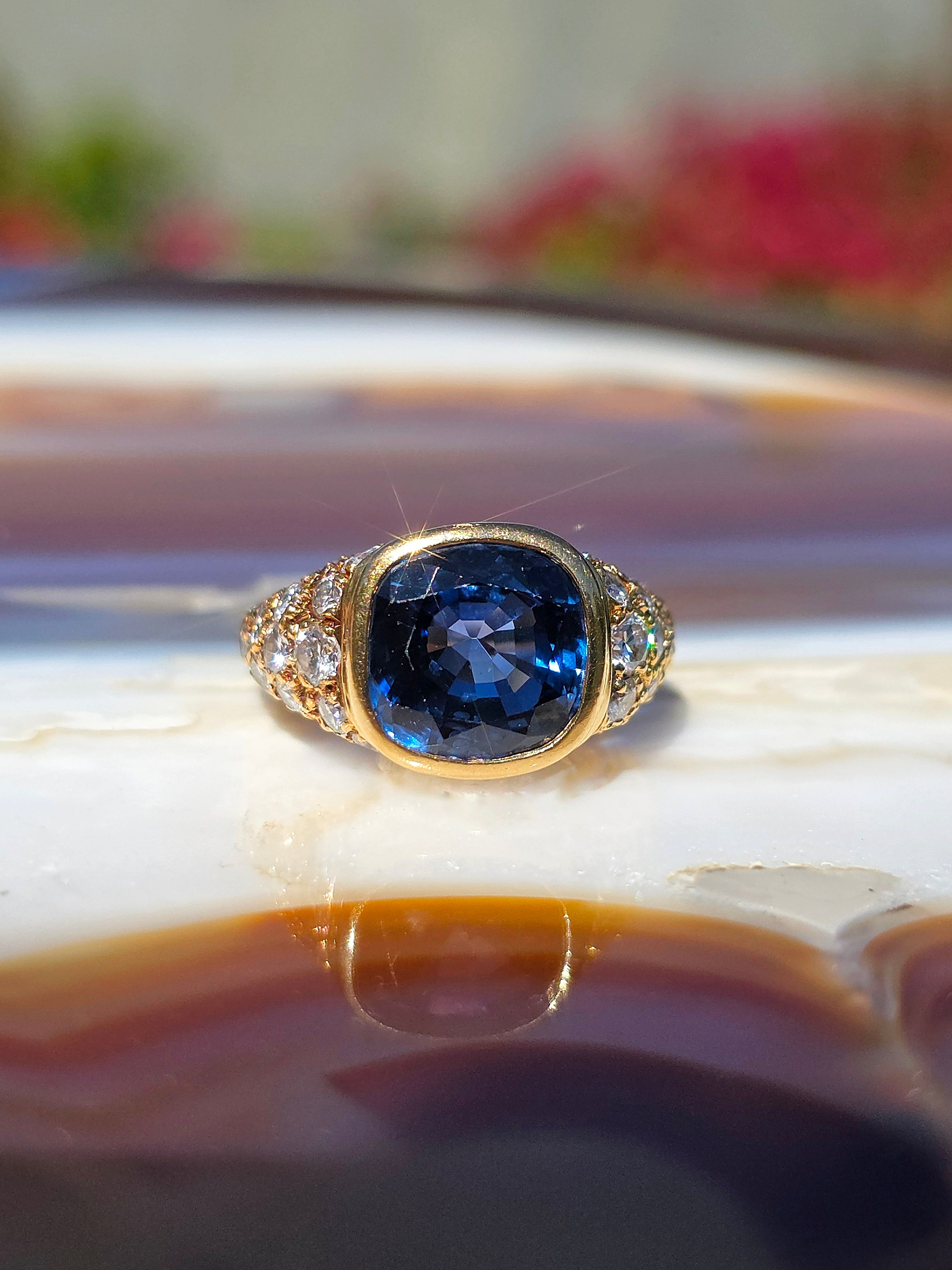 18k Solid Gold 5.8ct Royal Blue Sapphire & Diamond Vintage Ring Size 6.5 | Indulgems