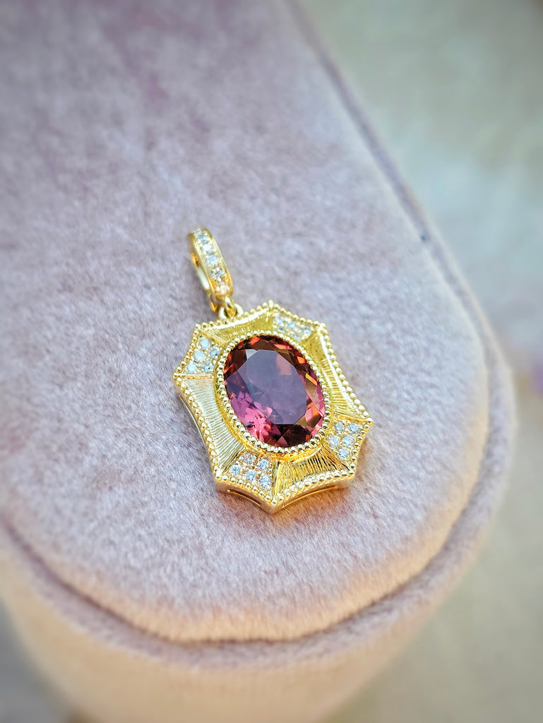 18k Solid Gold Pink Tourmaline & Diamond Shield Pendant | Indulgems