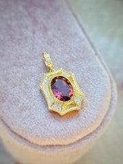 18k Solid Gold Pink Tourmaline & Diamond Shield Pendant | Indulgems