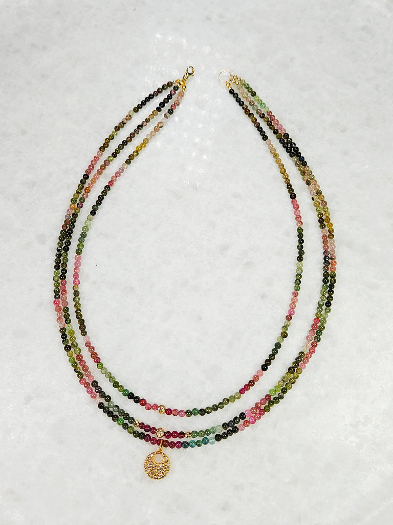 14K Yellow Gold Triple Strand Multicolor Tourmaline Round Bead Necklace 16" with Diamond Pave Disc Charm