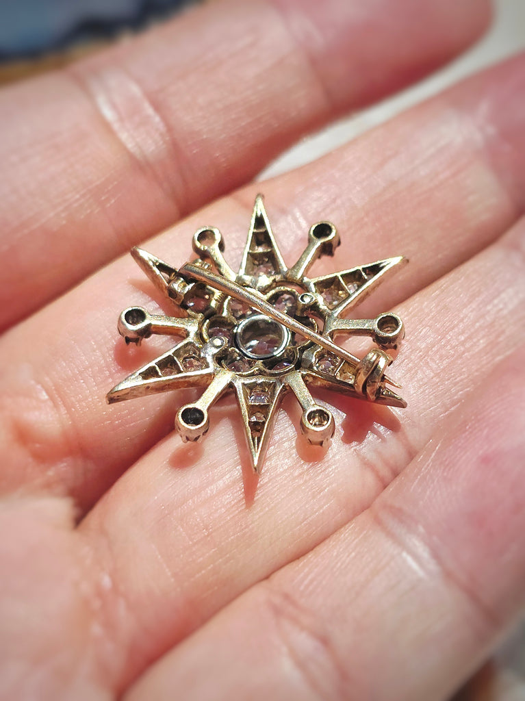 14K Yellow Gold & Silver - Antique Diamond Star Brooch | Indulgems | Designs in Real Gold