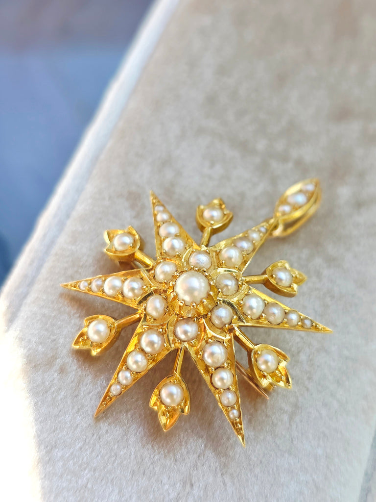 18k Solid Gold Pearl Studded 6 Point Star Pendant Brooch  | Indulgems