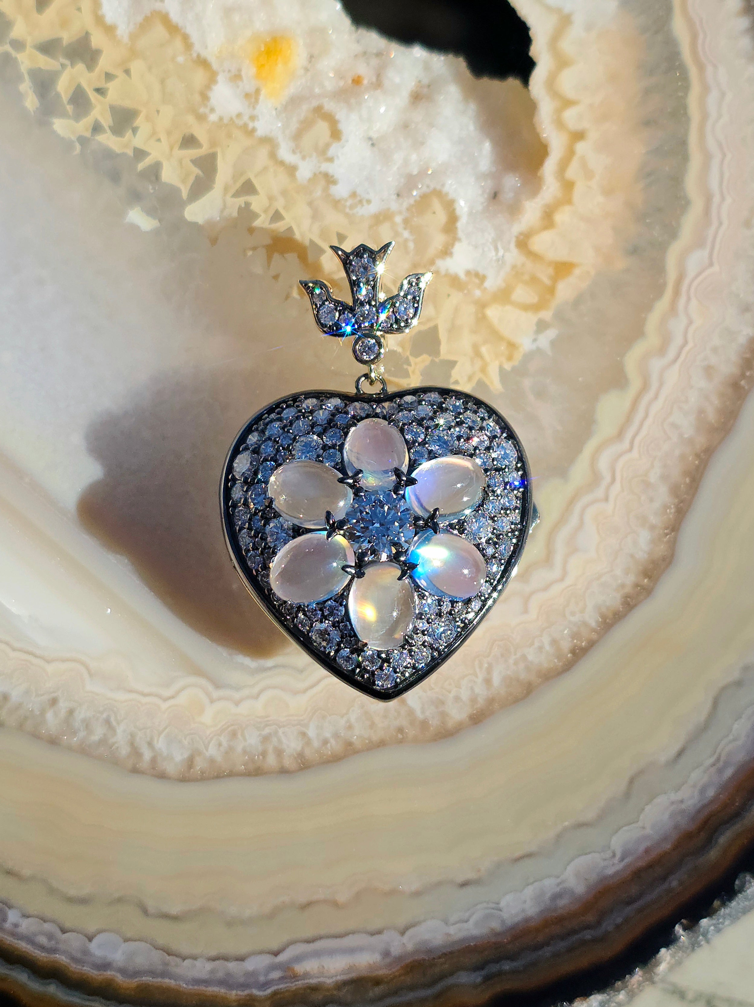 14k Yellow Gold & Sterling Silver Rainbow Moonstone Lab-grown Diamond Heart Locket Pendant | Indulgems