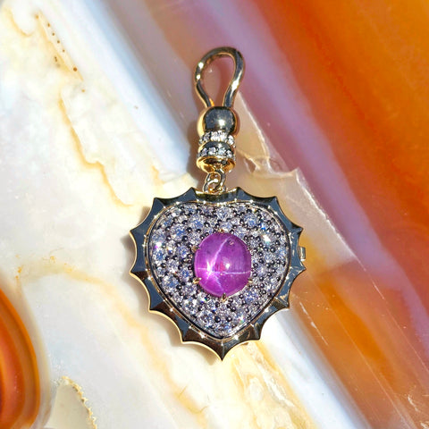 14k Yellow Gold & Sterling Silver 3ct Star Pink Sapphire Diamond Heart Locket Pendant | Indulgems | Aurora
