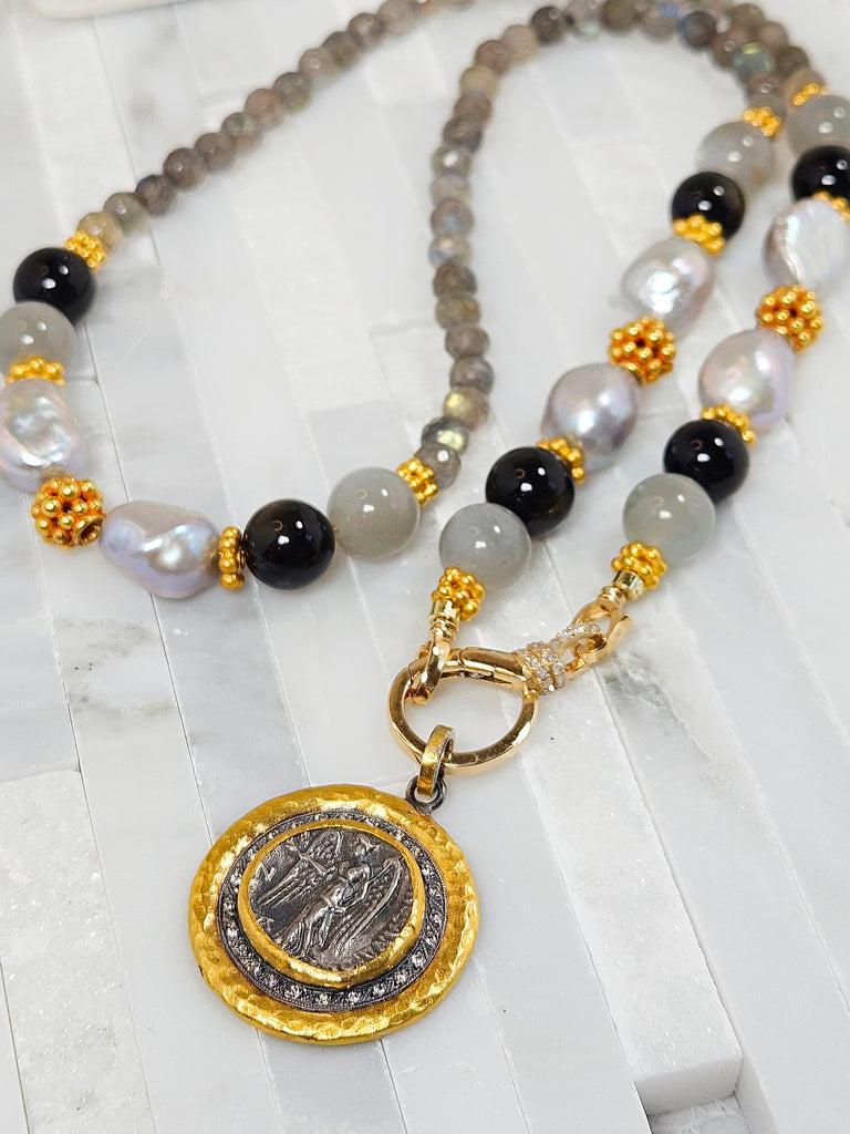 Labradorite, Grey Moonstone, Golden Obsidian and Freshwater Pearl 18K Gold Necklace 21"