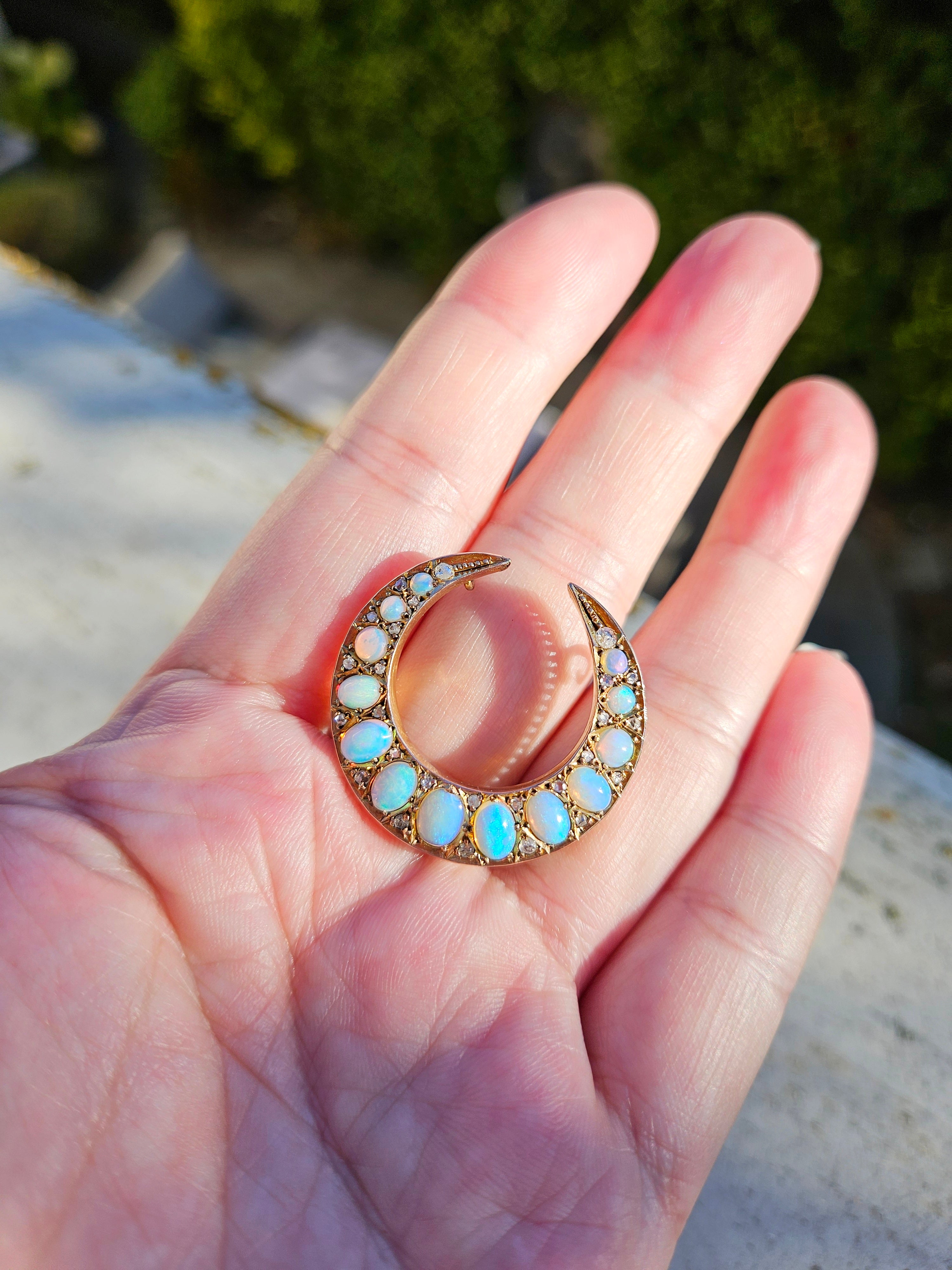 12K Gold Antique Opal & Diamond Crescent Moon Brooch Pendant