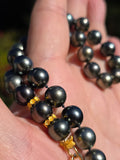18k Solid Gold Tahitian Pearl Necklace with 3 Charms Oxidized Sterling Silver Coin in 24k Gold