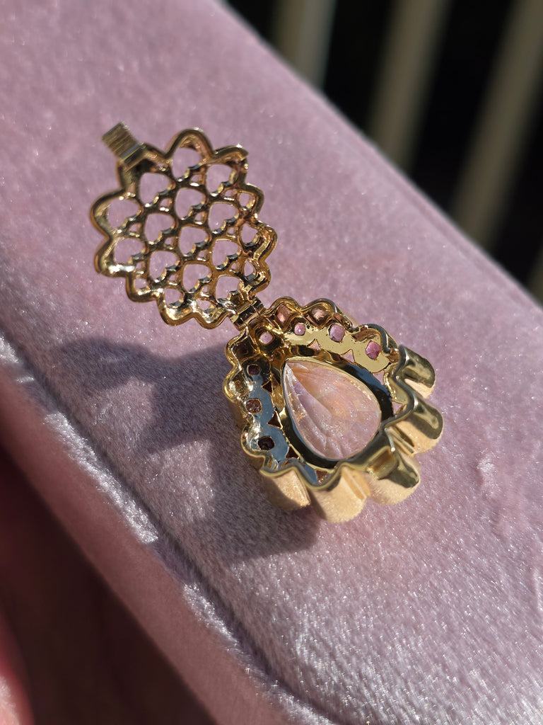 14k Yellow Gold Madagascar Rainbow Moonstone & Multicolor Spinel Pendant Clip | Indulgems | Starlit Collection
