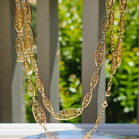 18K Gold Antique Filigree Link Long Chain Necklace 36.5" | Indulgems | Designs in Real Gold
