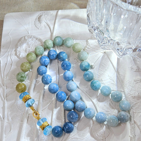 Multicolor Milky Aquamarine, Blue Topaz Gemstone 18K Yellow Gold Feather Beaded Open Loop Necklace 18"