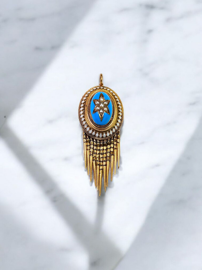 Antique 18K Yellow Gold Pearl and Enamel Pendant with Tassel Fringe | Indulgems | Designs in Real Gold