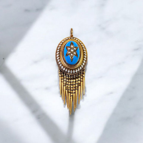 Antique 18K Yellow Gold Pearl and Enamel Pendant with Tassel Fringe | Indulgems | Designs in Real Gold