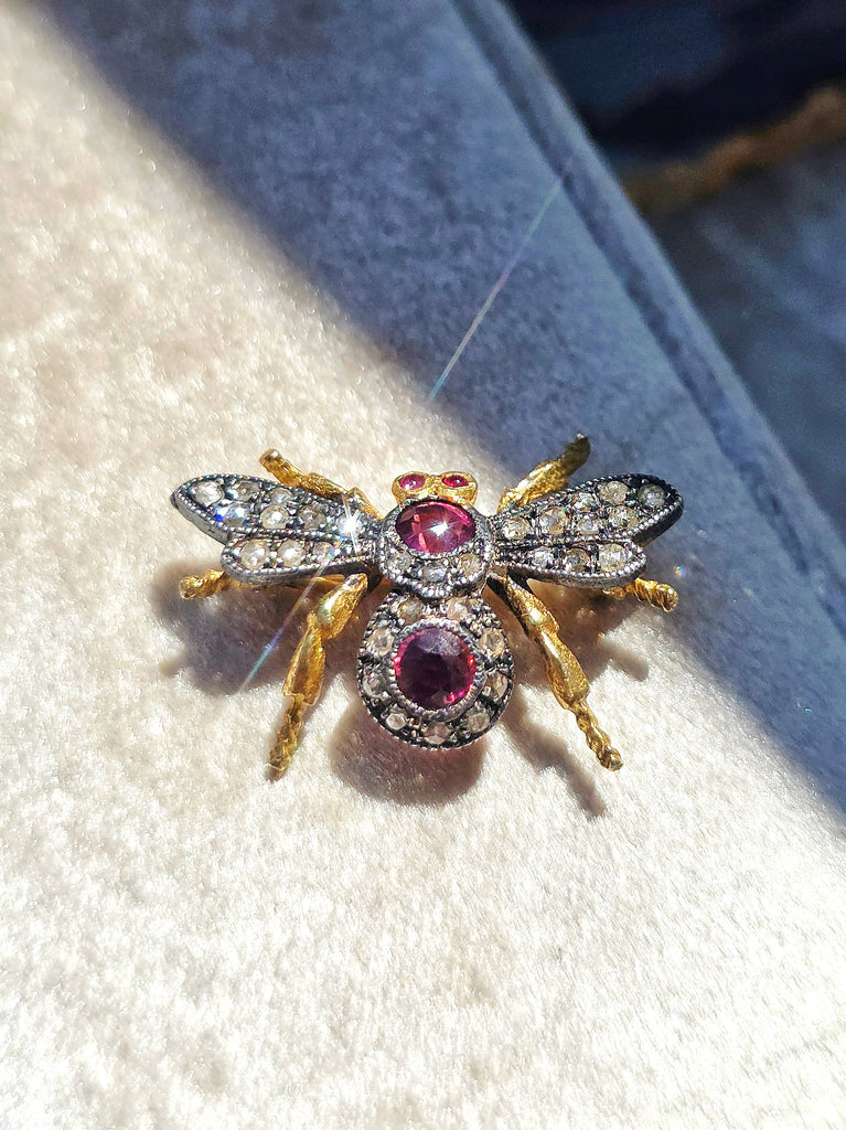 Antique 9k Gold & Silver Diamond and Garnet FLY Brooch | Indulgems
