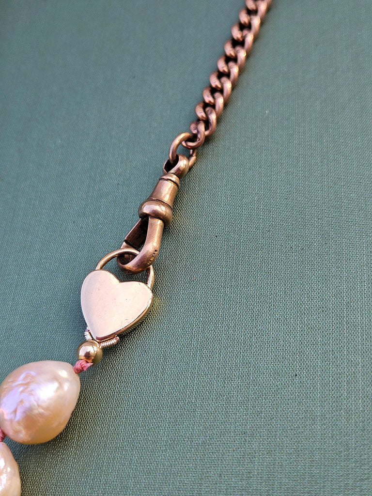 2IN1 - Antique 9k Gold Watch Chain T Bar & Genuine Freshwater Baroque Pearl 14K Gold Bracelet Heart Clasp Star Charm | Indulgems | Antique Jewelry Revamped