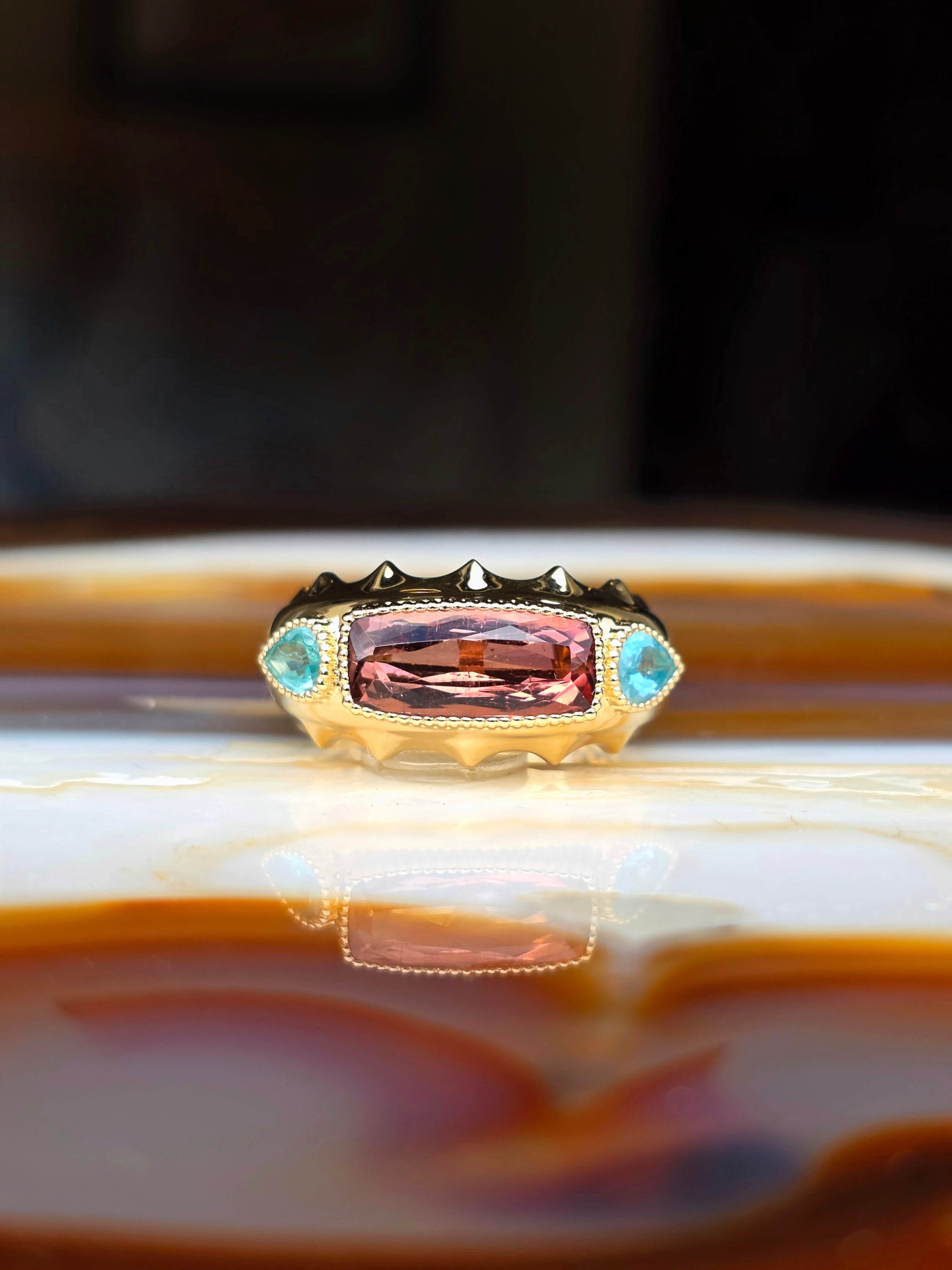 14k Solid Gold Pink Tourmaline & Apatite Gemstone Band Ring Size 8 | Indulgems | Aurora