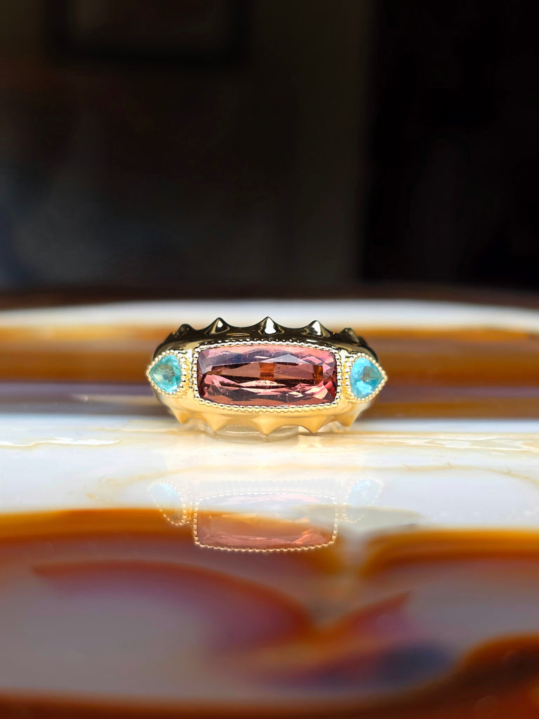 14k Solid Gold Pink Tourmaline & Apatite Gemstone Band Ring Size 8 | Indulgems | Aurora