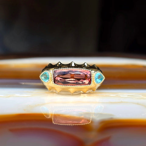 14k Solid Gold Pink Tourmaline & Apatite Gemstone Band Ring Size 8 | Indulgems | Aurora