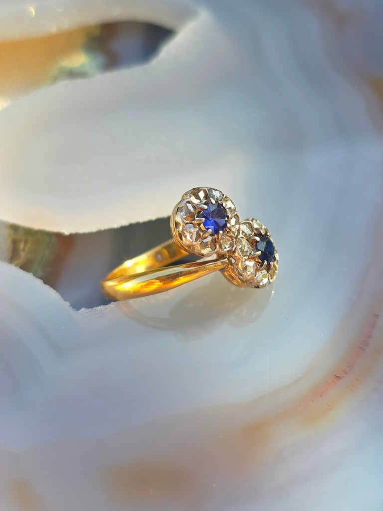 Antique 18k Gold Sapphire & Rose-Cut Diamond Ring size8.5 | Indulgems