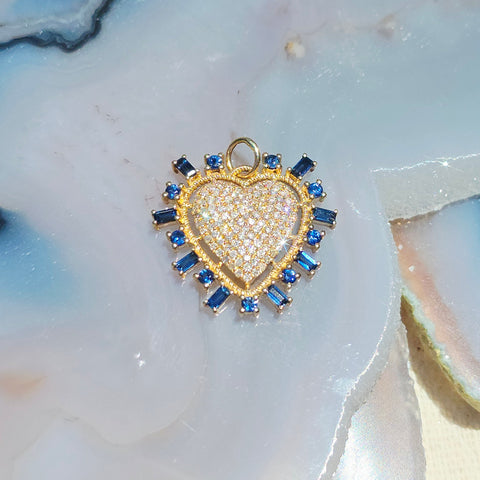 Blue Sapphire, Diamond Pave Heart Gemstone 14K Yellow Gold Pendant Charm