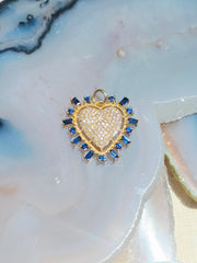 Blue Sapphire, Diamond Pave Heart Gemstone 14K Yellow Gold Pendant Charm