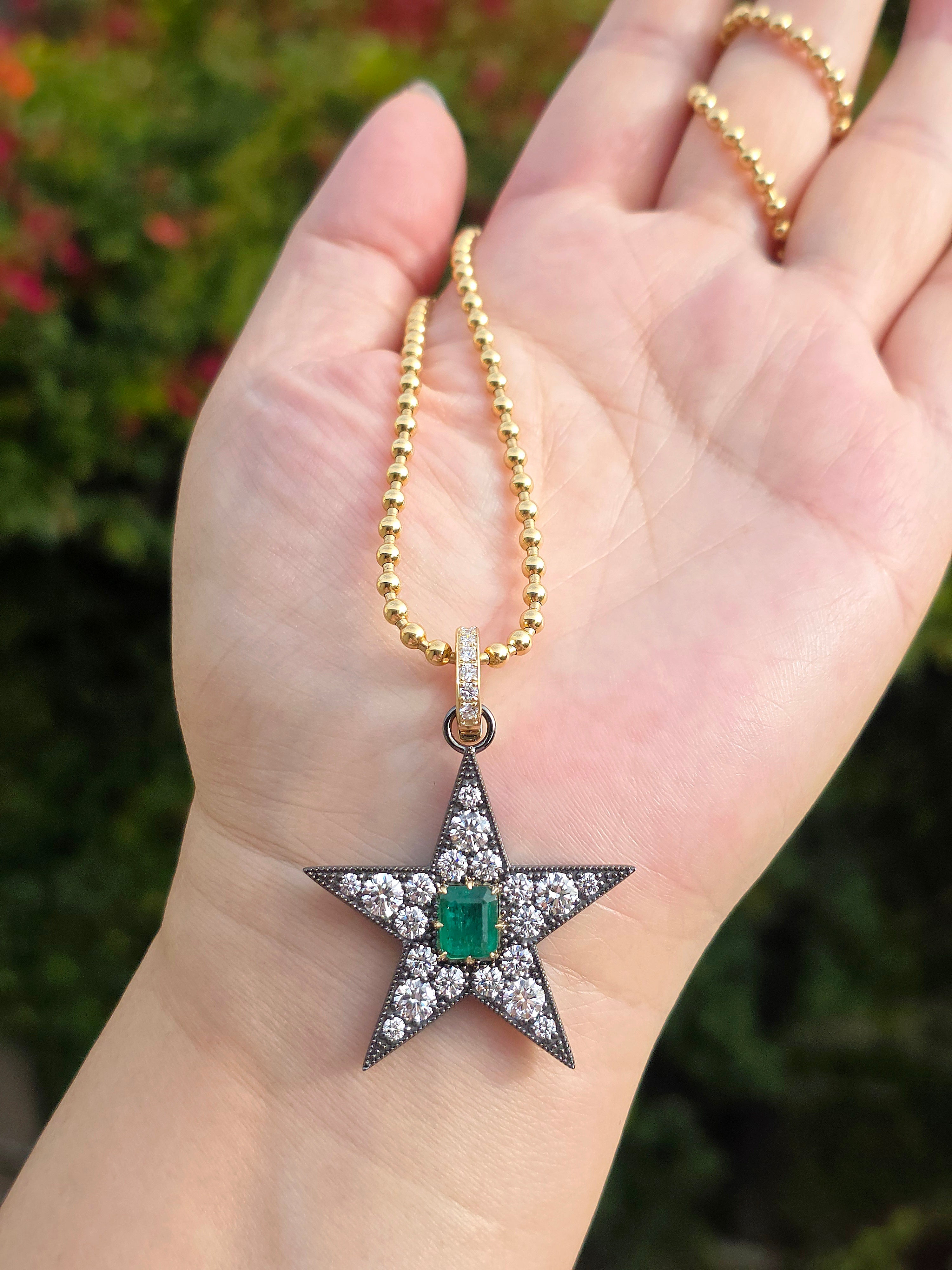 14k Yellow Gold & Platinum XL Star Pendant with Zambian Emerald | Indulgems