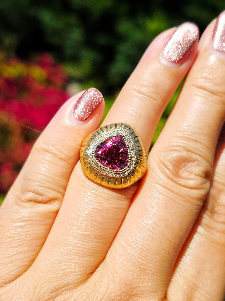 18k Solid Gold Pink Tourmaline Diamond Ring Sz 8 | Indulgems | Hanabi Collection