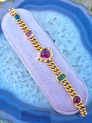 18k Yellow Gold Multicolor Tourmaline Cabochon Curb Chain Bracelet | Indulgems | Aurora Halo