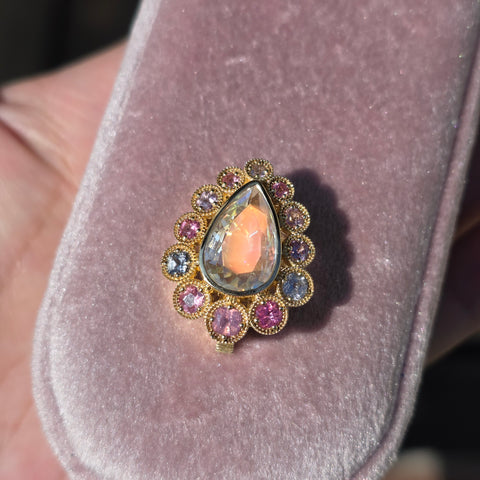 14k Yellow Gold Madagascar Rainbow Moonstone & Multicolor Spinel Pendant Clip | Indulgems | Starlit Collection